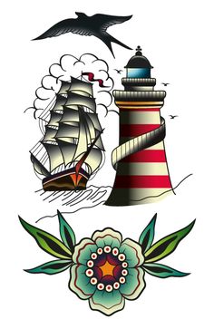 an old school tattoo design with lighthouse, ship and seagull on white background