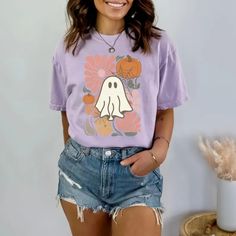 Boho Floral Fall Shirt, Retro Floral Ghost Shirt for Women, Cute Fall Teacher T-shirt, Spooky Season Comfort Colors Pumpkin Shirt, Gift - Etsy Casual Printed Shirt For Halloween, Halloween Printed Cotton Top, Printed Cotton Halloween Tops, Casual Purple T-shirt For Fall, Fall Cotton Shirt With Cartoon Print, Purple Crew Neck Top For Halloween, Casual Fall Shirt With Cartoon Print, Casual Cotton Halloween Shirt, Spooky Cotton Top With Cartoon Print