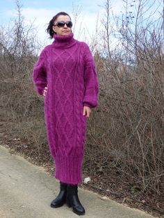 READY TO SHIP  This price is just for this color and size This  unique handmade dress /long sweater is made to give you pleasure and  makes you feel comfortable and stylish.It is suitable for any occasion.With this lovely sweater / dress you will feel beautiful at any time - in everyday life, at work,at home,visit with friends and relatives,in mountain... Wonderful design,warm and soft.Thick and fuzzy...just for you    Color - Purple    Content  - Mohair     Sizes - S/M/L     Measurements, taken Hand Knitted Long Sleeve Sweater Dress For Fall, Hand Knitted Sweater Dress For Fall, Long Chunky Knit Cozy Sweater Dress, Cozy Long Chunky Knit Sweater Dress, Pink Knitted Sweater Dress For Fall, Hand-knitted Long Sleeve Dress For Fall, Hand Knitted Long Sleeve Dress For Fall, Cozy Long Knitted Sweater Dress, Long Chunky Knit Sweater Dress For Fall