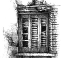 a drawing of a window with shutters and a cat sitting on top of it