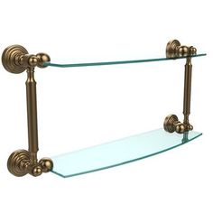 an antique bronze finish glass shelf with two towel bars