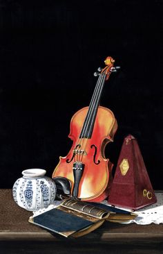 a painting of a violin and other items on a table