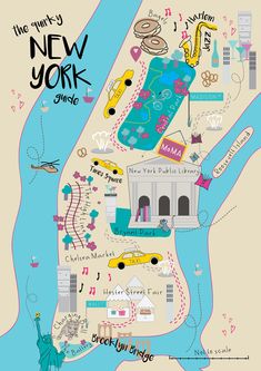 the new york city map is shown in blue and pink, with an image of the statue