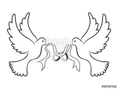 two doves with wedding rings in their beaks, one is holding the other