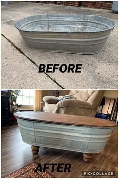 an old metal tub turned into a coffee table with the words before and after on it