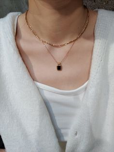 Black Stone Necklace, black onyx necklace with gold chain choker: two layers necklaces look. Gold layering necklaces are an easy chic style for you. Ideal gift for her, for your mum, or a gift for your friends. ♥ SIGN UP for 10% OFF your first order: https://bit.ly/3olIlWf ♥ DETAILS - Materials: Stainless steel, 18k gold plating. - Nickel-free, anti-corrosion, tarnish-resistant, and hypoallergenic. - Safe for sensitive skin. - Waterproof Necklace: you can wear it while taking a shower or swimmin Layering Chain Necklace, Gold Black Necklace, Gold And Black Necklace, Black Necklace With Adjustable Chain And Rectangular Pendant, Modern Black Jewelry With Rectangular Stone, Minimalist Black Double Chain Necklace, Minimalist Rectangular Onyx Jewelry, Elegant Black Jewelry With Rectangular Pendant, Elegant Black Enamel Rectangular Jewelry