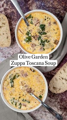 two bowls of olive garden zuppa toscana soup with bread on the side