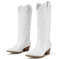 Rollda Cowboy Boots for Women Embroidered White Cowgirl Boots Knee-High Western Boots with Chunky Heel Size 9.5 Gender: female.  Age Group: adult. Western White Boots Medium Width, Whitle Long Cowgirl Boots, Girls Cowgirl Boots, Fitted White Western Mid-calf Boots, Western Style White Mid-calf Boots Medium Width, Knee High Western Boots, Western White Mid-calf Boots With Reinforced Heel, Kids Cowboy Boots, Cowboy Boots For Women