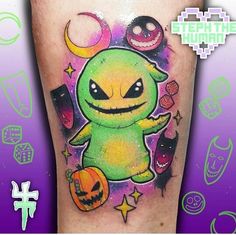 an image of a cartoon character on the leg with halloween decorations around it and pumpkins