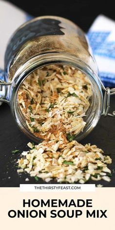 homemade onion soup mix in a jar on a table with the title overlaying it