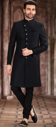 Wedding Sherwani: Buy Indian men’s sherwani | IndianWeddingSaree Designer Black Nehru Jacket With Traditional Drape, Ceremonial Black Kurta With Dabka, Ceremonial Black Kurta With Dabka Details, Designer Black Kurta With Resham Embroidery, Designer Black Sherwani For Diwali, Elegant Black Nehru Jacket For Diwali, Elegant Black Sherwani For Diwali, Fitted Black Bandhgala With Traditional Drape, Black Kurta For Ceremonial Occasions Like Eid