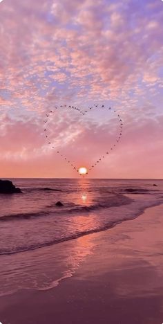 birds flying over the ocean at sunset with pink clouds and blue sky in the background