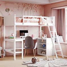 a child's bedroom with pink walls and white bunk bed, desk and chair