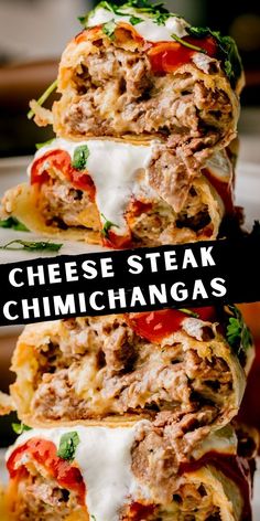 two cheese steak sandwiches stacked on top of each other with the words cheese steak chimichangas above them