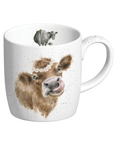 a coffee cup with a cow and rhino on it's side, in front of a white background