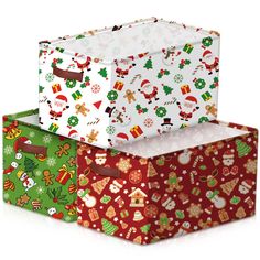 three boxes with christmas designs on them and one has santa's hat, the other is