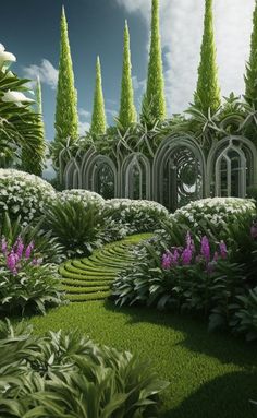 an artistic rendering of a garden with trees and flowers in the center, surrounded by lush green grass