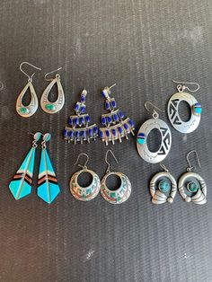 Beautiful vintage, authentic Native American Sterling Silver jewelry, from earrings to bracelets, necklaces, beads, watches, pendants, button covers and plenty more! I have a collection of a variety of jewelry that I inherited from my sister, who loved Native American jewelry with a passion. Many of the pieces are from trading posts from around the country. Turquoise, Lapis, Coral, Jet, Amethyst are some of the stones used, inlaid with expertise and precision. I have too many to show each indivi Vintage Multicolor Jewelry With Matching Earrings, Vintage One-of-a-kind Dangle Jewelry, Vintage Handmade Jewelry With Round Beads, Multicolor Nickel-free Costume Jewelry, Bohemian Drop Earrings For Vintage Collection, Vintage Blue Dangle Jewelry, Bohemian Vintage Drop Earrings, Traditional Nickel Free Jewelry With Round Beads, Traditional Nickel-free Jewelry With Round Beads