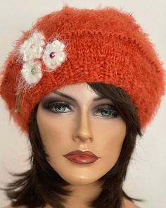 Hand Knits 2 Love Slouch Hat Cap Beret Tam. Brick Red Color in Mohair like look. Orange Burnt Mohair look hat, small white flowers on right side with center beads. Multicolor matching colors flower on top with center bead. Soft , Luxurious, ultra soft and very feminine! See all of My Original Designs, Four Seasons , Trebdy Fine Hand Knits listed in My Etsy Shop:  " Hand Knits 2 Love": Etsy.com/shop/handknits2love Brick Red Color, Slouch Beanie Hats, Flowers Beads, Red Beret, Hand Knits, Slouch Beanie, Small White Flowers, Slouch Hat, Head Hair