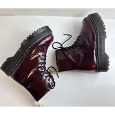 These Dr. Martens Jadon Ii Platform Boots In Cambridge Brush Color Are A Must-Have For Any Fashion-Forward Woman. Made With High-Quality Vegan Leather, These Combat-Style Boots Feature A Lace-Up Closure With A Zipper Accent And The Iconic Dr. Martens Logo. With A Low Block Heel Measuring At 1-1.9 Inches And A Mid-Calf Shaft Style, These Boots Are Perfect For Traveling, Casual Outings, And Workwear. The Boots Are Available In Us Size 11, Uk Size 9, And Au Size 11. The Platform Height Is 1.5 Inche Low Platform Boots, Cool Doc Martens, Burgundy Leather Platform Boots, Burgundy Lace-up Boots With Red Sole, Burgundy Boots With Reinforced Heel And Round Toe, Dr Martens Logo, Doc Martens Jadon, Doc Martens Platform, Platform Doc Martens