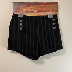 High Waisted Shorts With Cute Sailor Like Button Placement. Black With Blue Pin Stripes. Size Large. Top Of Waist Is Approx 14.5 In. Inseam Is In Pictures. Fabric Feels Like A Brushed Suede. Nwot. I Took The Tags Off Near End Of Last Summer Then They Didn’t Fit Me This Year So My Loss Is Your Gain. Side Zipper. Open To Offers. Sailor Shirt, Like Button, Blue Pin, High Waisted Shorts, Side Zipper, Black Blue, Blue Black, This Year, Stripes