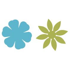 two blue and green flowers on a white background, each with one flower in the center