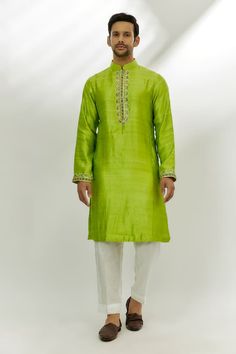 Lime green kurta with mirror work, resham threads, gota patti and pearls embroidery. - Aza Fashions Pearls Embroidery, Kurta For Men, Kurta Patterns, Adah Sharma, Diana Penty, Pearl Embroidery, Kareena Kapoor Khan, Madhuri Dixit, Luxury Sale