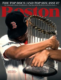 the boston red sox'baseball team is posing with the world series trophy in this magazine cover