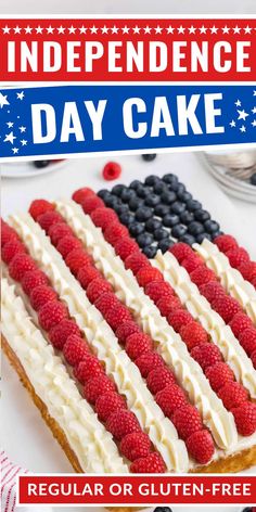 an american flag cake with white frosting and berries on top