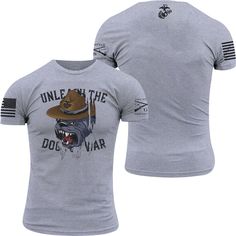 The Grunt Style USMC - Dogs Of War T-Shirt is crafted with 90% combed ring-spun cotton and 10% polyester for soft, all-day comfort and wear. It features a tagless, itch-free design and ribbed collar that won't lose its shape. It also has double-needle stitching for durability. There's no better way to show your American pride than sporting your favorite shirt from Grunt Style. Cotton Short Sleeve T-shirt With Dog Print, Dog Print Crew Neck Graphic Tee, Cotton Crew Neck Top With Dog Print, Grunt Style, Shin Guards, Resistance Training, Shoe Insoles, American Pride, Stitching