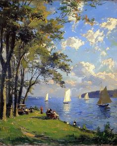 a painting of sailboats on the water near trees and people sitting at picnic tables