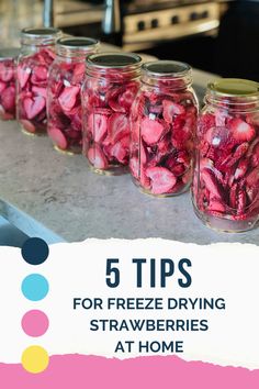 Sliced freeze dried strawberries in mason jars on the kitchen counter after being vacuum sealed with jar sealer. Freeze Dry Strawberries, Dry Strawberries, Harvest Right Freeze Dryer, Freeze Dryer, Dried Berries, Freeze Dried Strawberries, Dried Strawberries