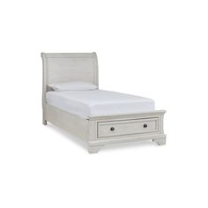 a white bed with two drawers on the bottom and one drawer in the middle, against a white background