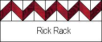 an image of a red and white pattern with the word rick rack on it's side