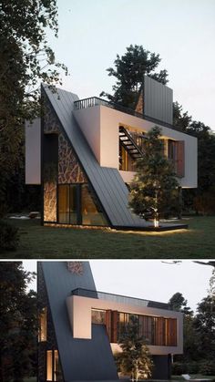 two pictures of a modern house in the middle of trees and grass, with stairs leading up to it