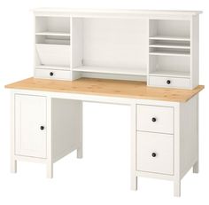 a white desk with two drawers and an open bookcase on the top, against a white background