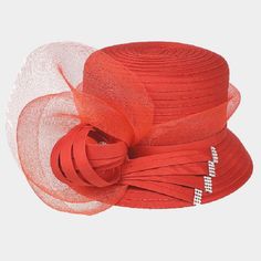 Bow Accented Flower Dressy Hat Style No : [424535] H22-Red Color : Red Crown Circumference : 23" Crown Height : 3" Brim Width : 2.25" 100% Polyester Bow Accented Flower Dressy Hat Fitted Cloche Hat For Summer Party, Summer Party Fitted Cloche Hat, Fitted Summer Party Cloche Hat, Red Summer Hats For Garden Party, Red Hats For Spring Garden Party, Red Curved Brim Hat For Spring, Red Short Brim Hats For Spring, Red Brimmed Cloche Hat For Spring, Red Adjustable Cloche Hat For Party