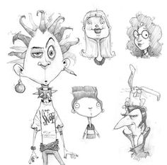 some cartoon characters with different facial expressions and hair styles, all in black and white