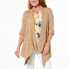 Nina Leonard 3/4 Tab Sleeve Crochet Cardigan  This timeless cardigan is a must-have staple. Worn over sleeveless tops or dresses, the mixed crochet design displays a perfectly polished style. Beige 3/4 Sleeve Summer Outerwear, Spring Open Knit Top With 3/4 Sleeves, Open Knit Top With 3/4 Sleeves For Spring, Spring Layering Outerwear With 3/4 Sleeve, Chic 3/4 Sleeve Spring Cardigan, Chic Spring Cardigan With 3/4 Sleeves, Stretch 3/4 Sleeve Summer Cardigan, Stretch Summer Cardigan With 3/4 Sleeves, Summer Stretch Cardigan With 3/4 Sleeve