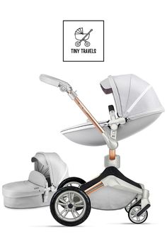 the tiny travel system is designed to carry two babies in white and silver, with gold accents