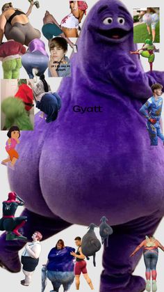 the big purple monster is standing in front of many other people and posing for pictures