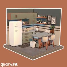 a kitchen with a refrigerator, table and chairs