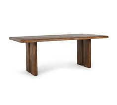 a wooden table with two legs and a long rectangular top, against a white background