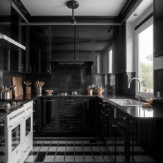 a black and white kitchen with checkered flooring, stove top oven and sink