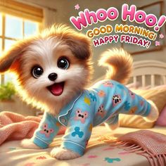 a dog that is laying down on a bed and smiling at the camera while wearing pajamas