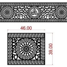 the measurements for an ornamental design in black and white, with numbers on each side