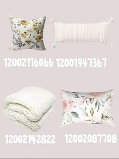 four different pillows and blankets with the names below them