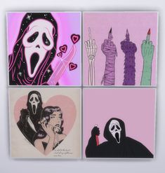 four different paintings with faces and hands in the shape of ghost, skeleton, woman