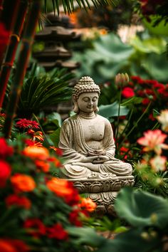 a buddha statue sitting in the middle of flowers