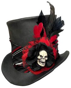 "Gothic Flair" Tall Deluxe Vinyl Top Hat A one of a kind wearable art creation by Jenkitty This tall top hat is created from slick black matte vinyl, wrapped in an upcycled silk tie band, and featuring a skull and rose centerpiece with a flourish of feathers for accent. Adult Large - Inner circumference measures about 22 3/4", about 7" tall (Around 7 1/4 men's hat size) Has wire brim so it can be shaped as you wish. **Sometimes I can alter the hat to accommodate another size - It's worth asking to see if I can resize it if you need it in another size, as I might be able to do it Brand New Punk Top Hat For Halloween Party, Punk Style Top Hat For Halloween Party, Punk Style Halloween Party Top Hat, Fitted Fantasy Costume Hats For Themed Events, Gothic Hat For Halloween And Alternative Fashion, Gothic Hat For Halloween, Gothic Halloween Hat For Alternative Fashion, Fitted Steampunk Top Hat For Halloween, Steampunk Fitted Top Hat For Halloween